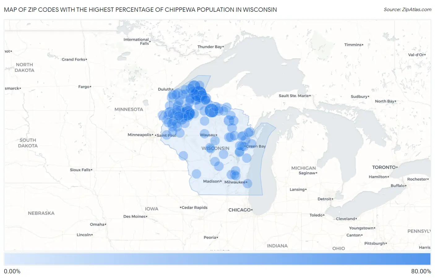 Zip Codes with the Highest Percentage of Chippewa Population in Wisconsin Map