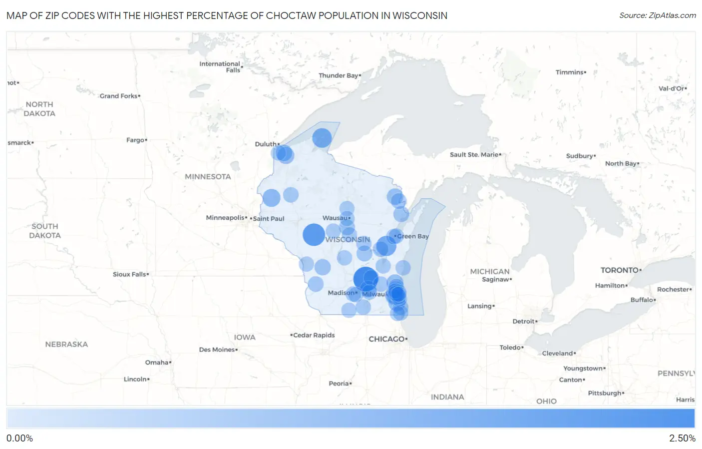Zip Codes with the Highest Percentage of Choctaw Population in Wisconsin Map