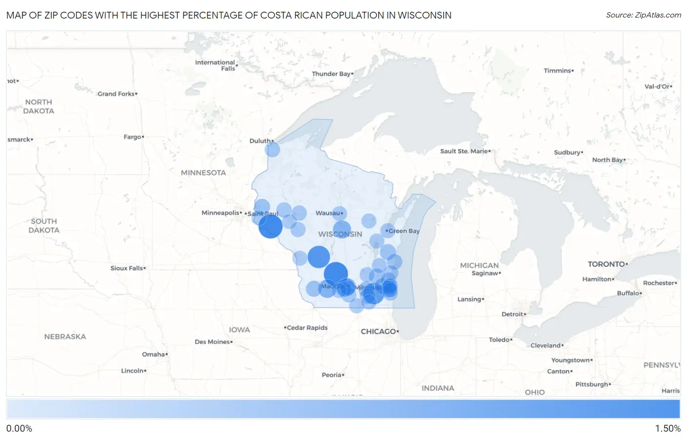 Zip Codes with the Highest Percentage of Costa Rican Population in Wisconsin Map