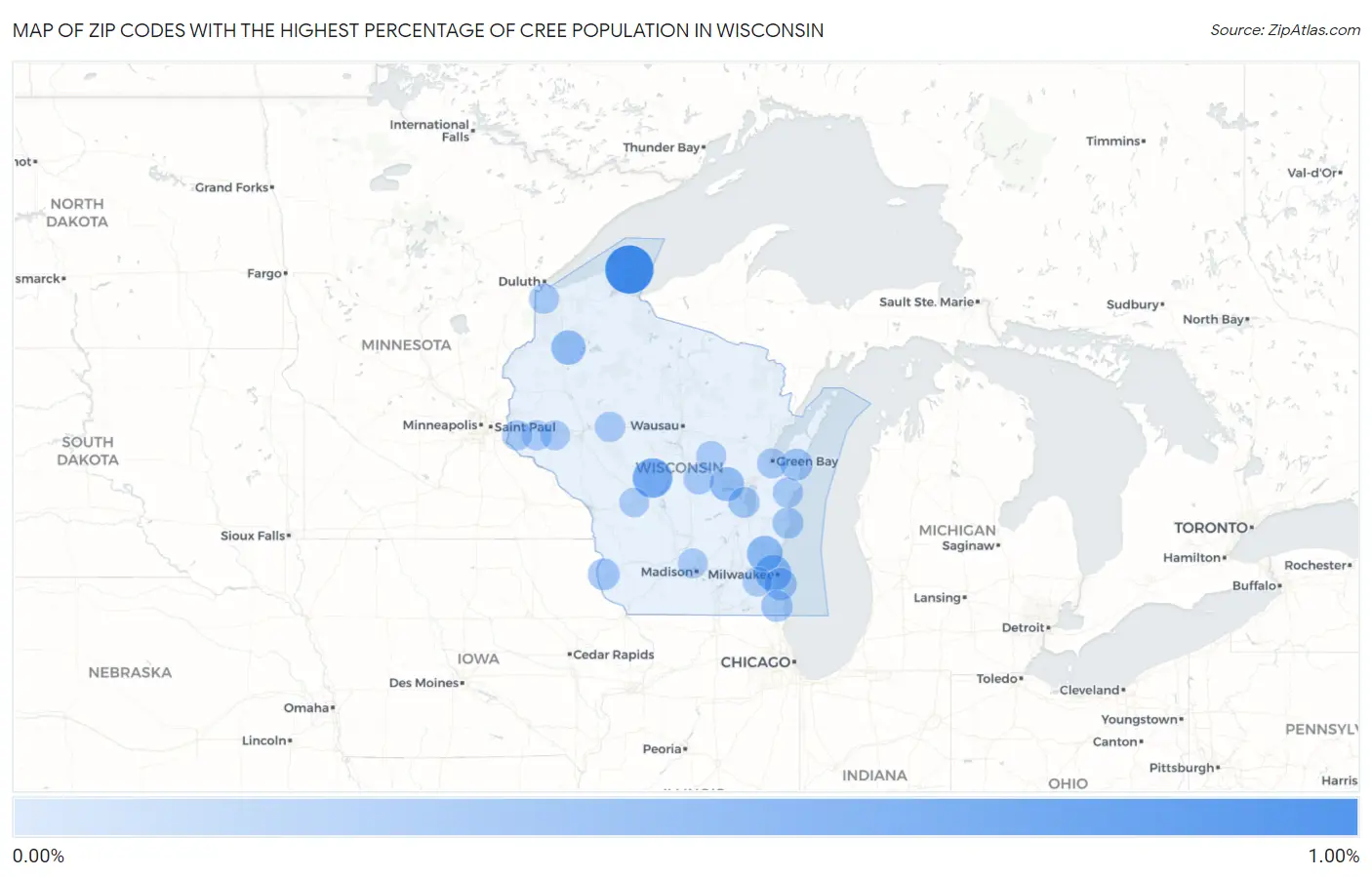 Zip Codes with the Highest Percentage of Cree Population in Wisconsin Map
