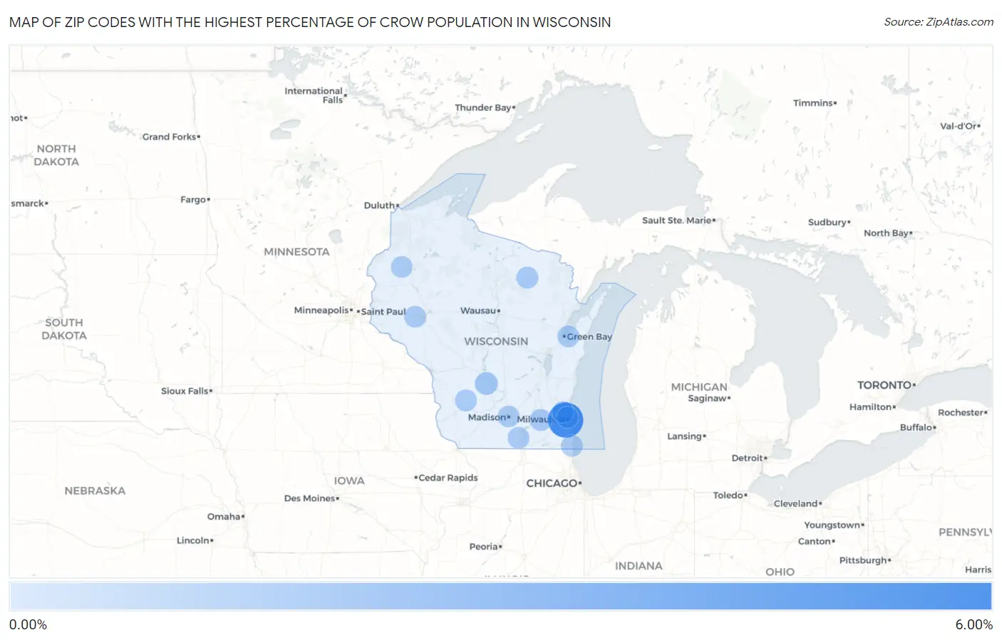 Zip Codes with the Highest Percentage of Crow Population in Wisconsin Map