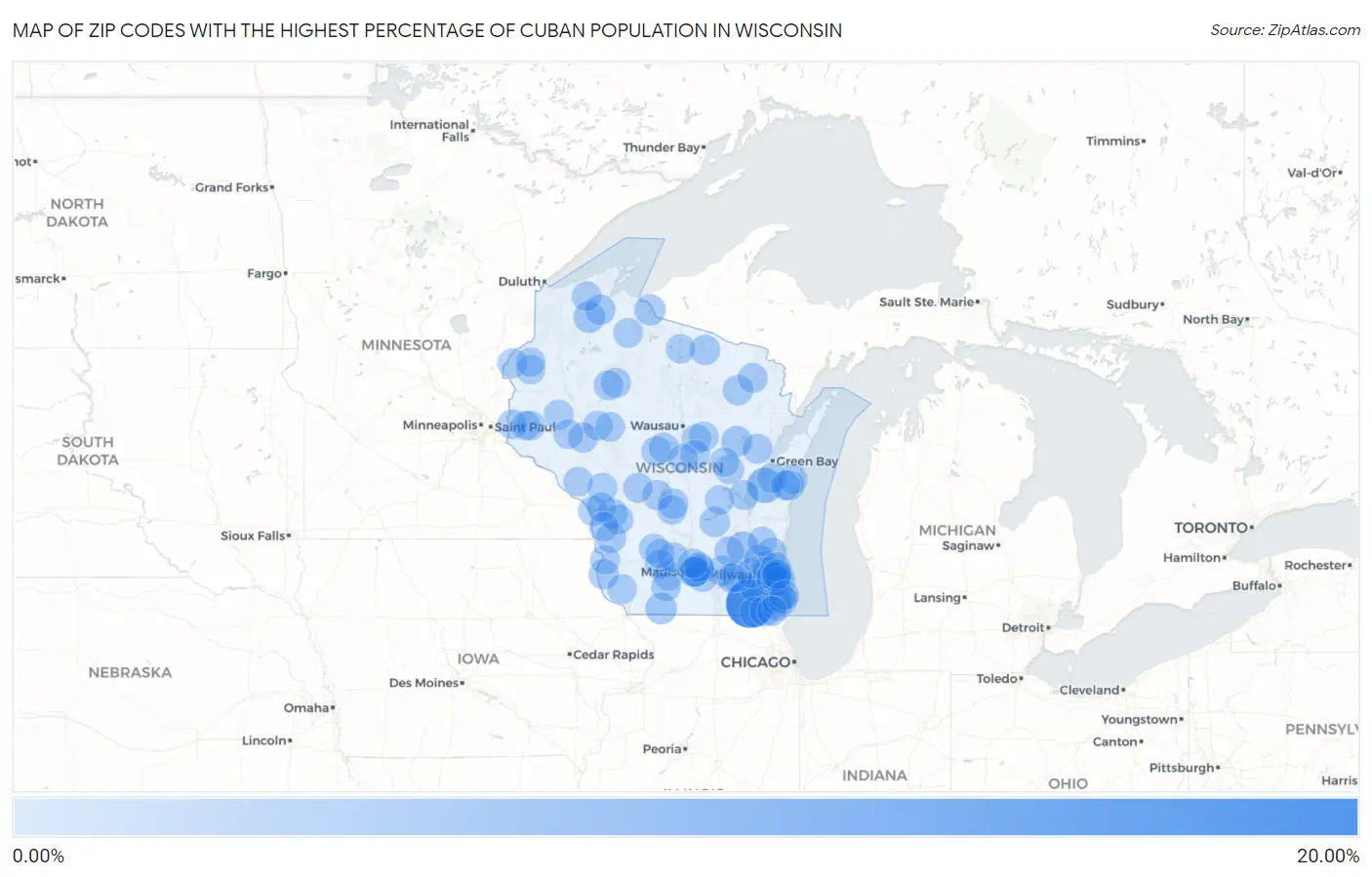 Zip Codes with the Highest Percentage of Cuban Population in Wisconsin Map