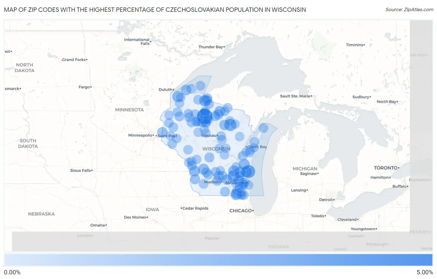 Zip Codes with the Highest Percentage of Czechoslovakian Population in Wisconsin Map