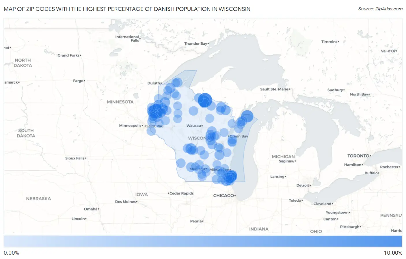 Zip Codes with the Highest Percentage of Danish Population in Wisconsin Map