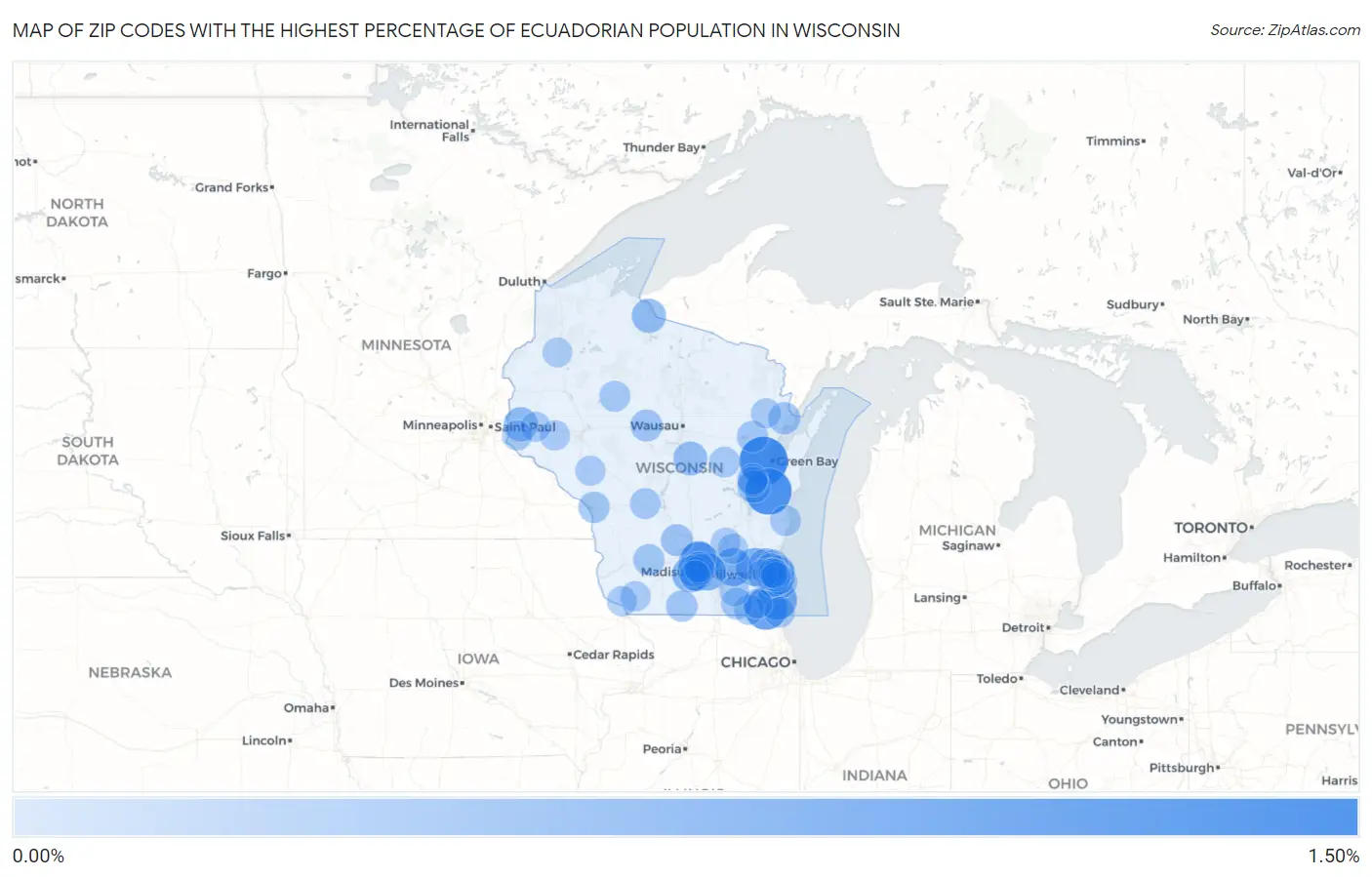 Zip Codes with the Highest Percentage of Ecuadorian Population in Wisconsin Map
