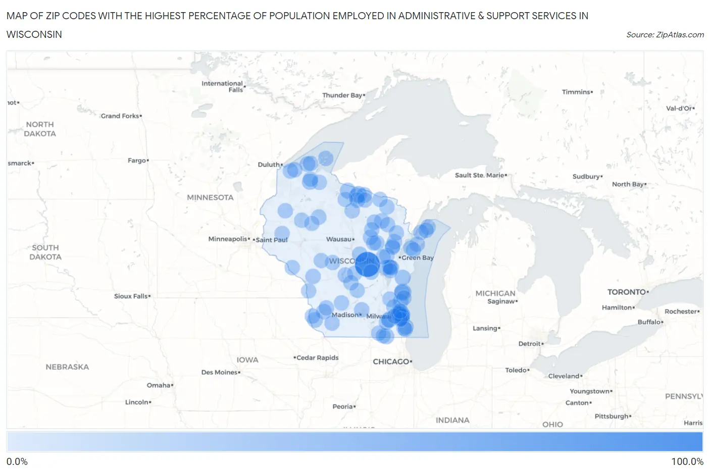 Zip Codes with the Highest Percentage of Population Employed in Administrative & Support Services in Wisconsin Map