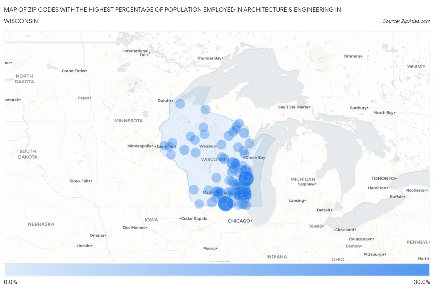 Zip Codes with the Highest Percentage of Population Employed in Architecture & Engineering in Wisconsin Map