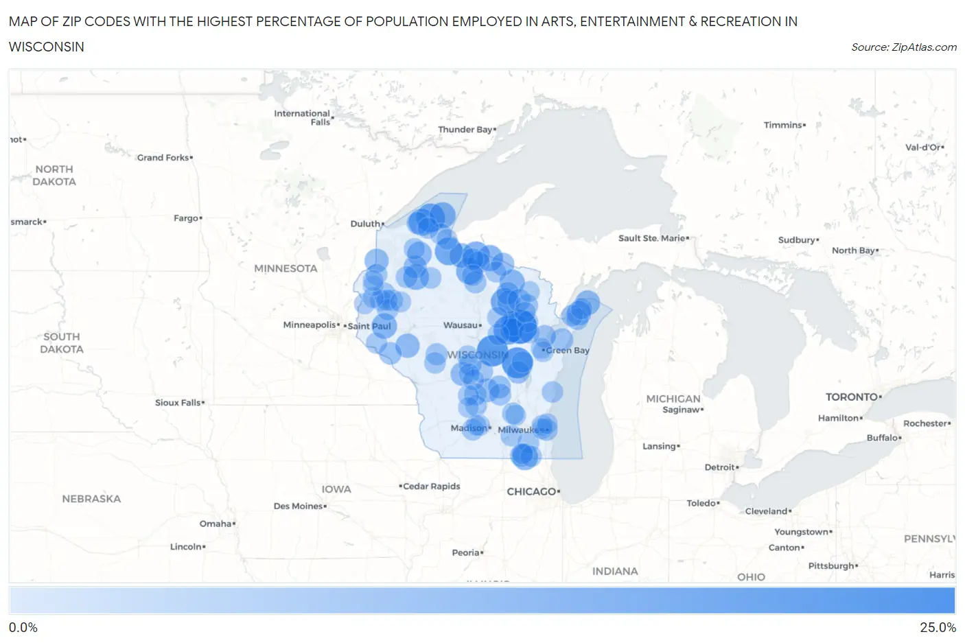 Zip Codes with the Highest Percentage of Population Employed in Arts, Entertainment & Recreation in Wisconsin Map