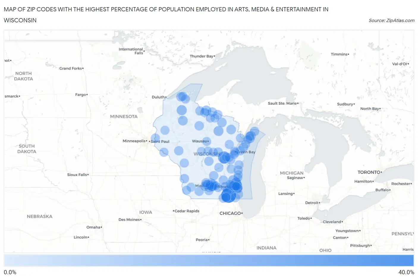 Zip Codes with the Highest Percentage of Population Employed in Arts, Media & Entertainment in Wisconsin Map