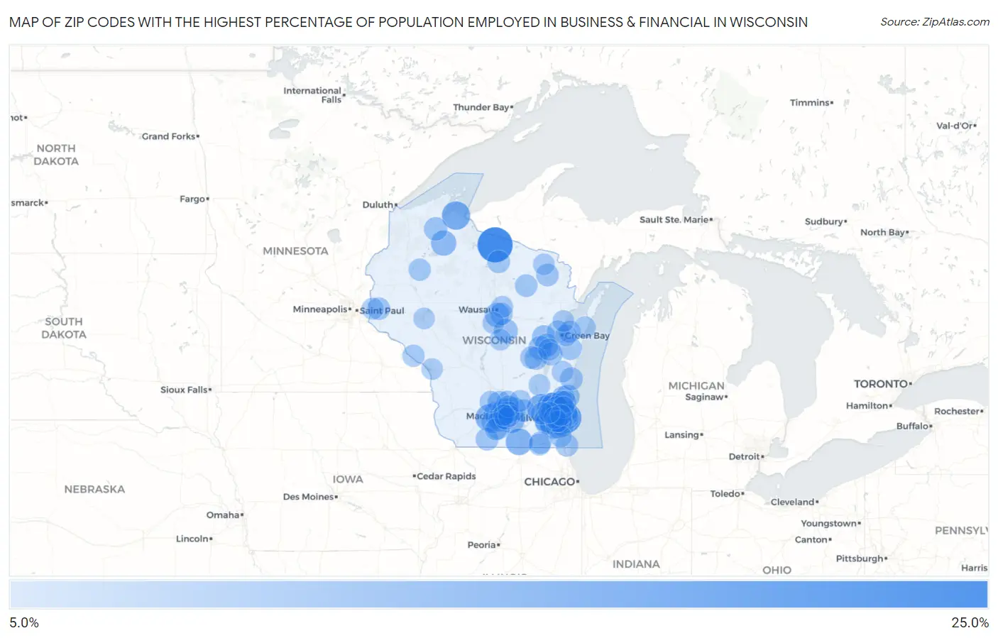 Zip Codes with the Highest Percentage of Population Employed in Business & Financial in Wisconsin Map