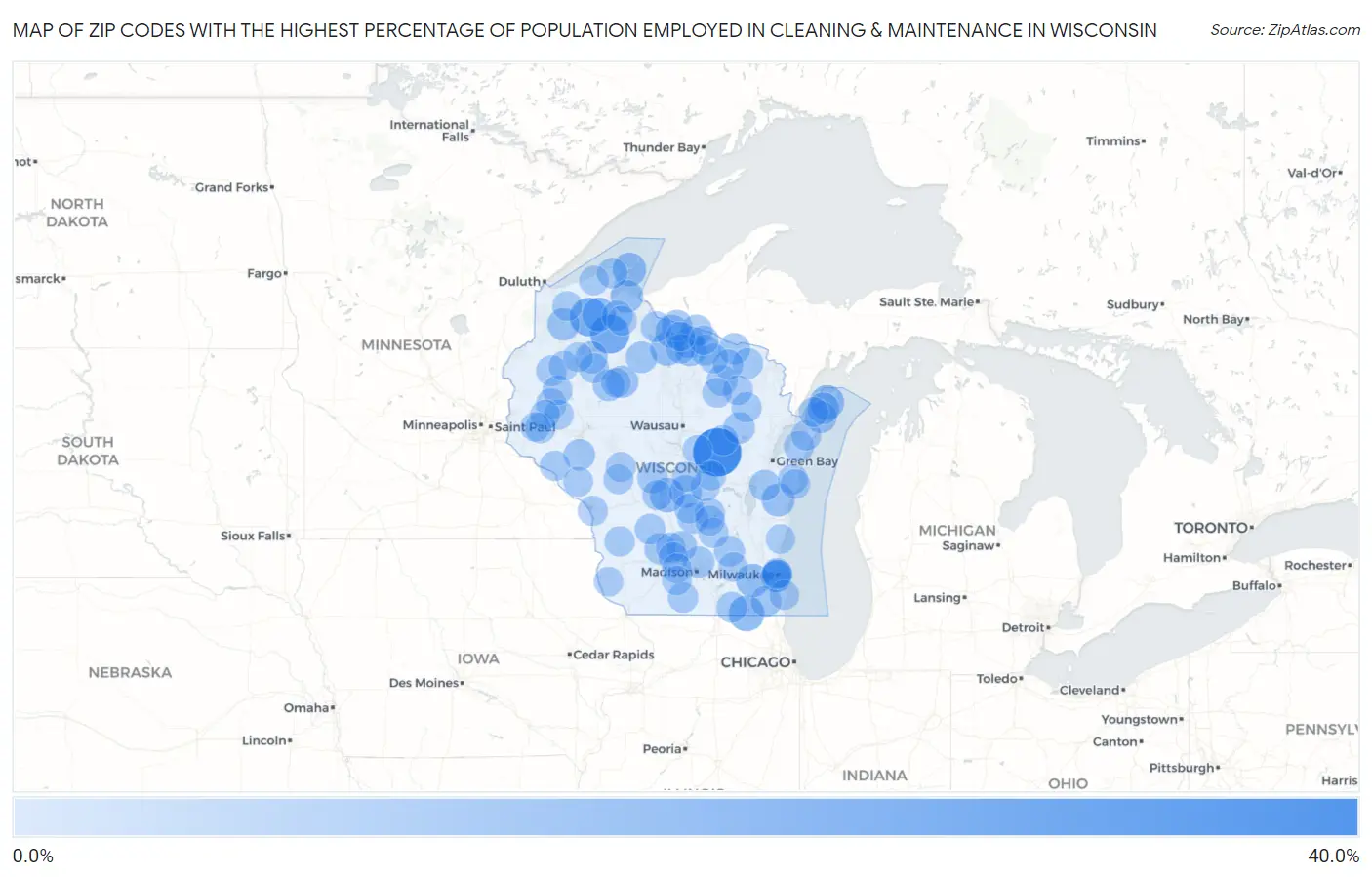 Zip Codes with the Highest Percentage of Population Employed in Cleaning & Maintenance in Wisconsin Map