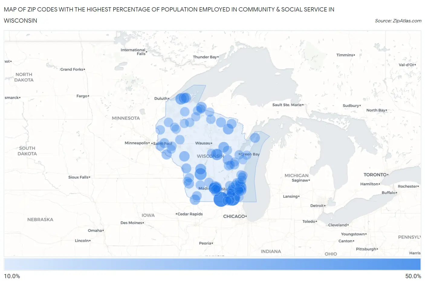 Zip Codes with the Highest Percentage of Population Employed in Community & Social Service  in Wisconsin Map