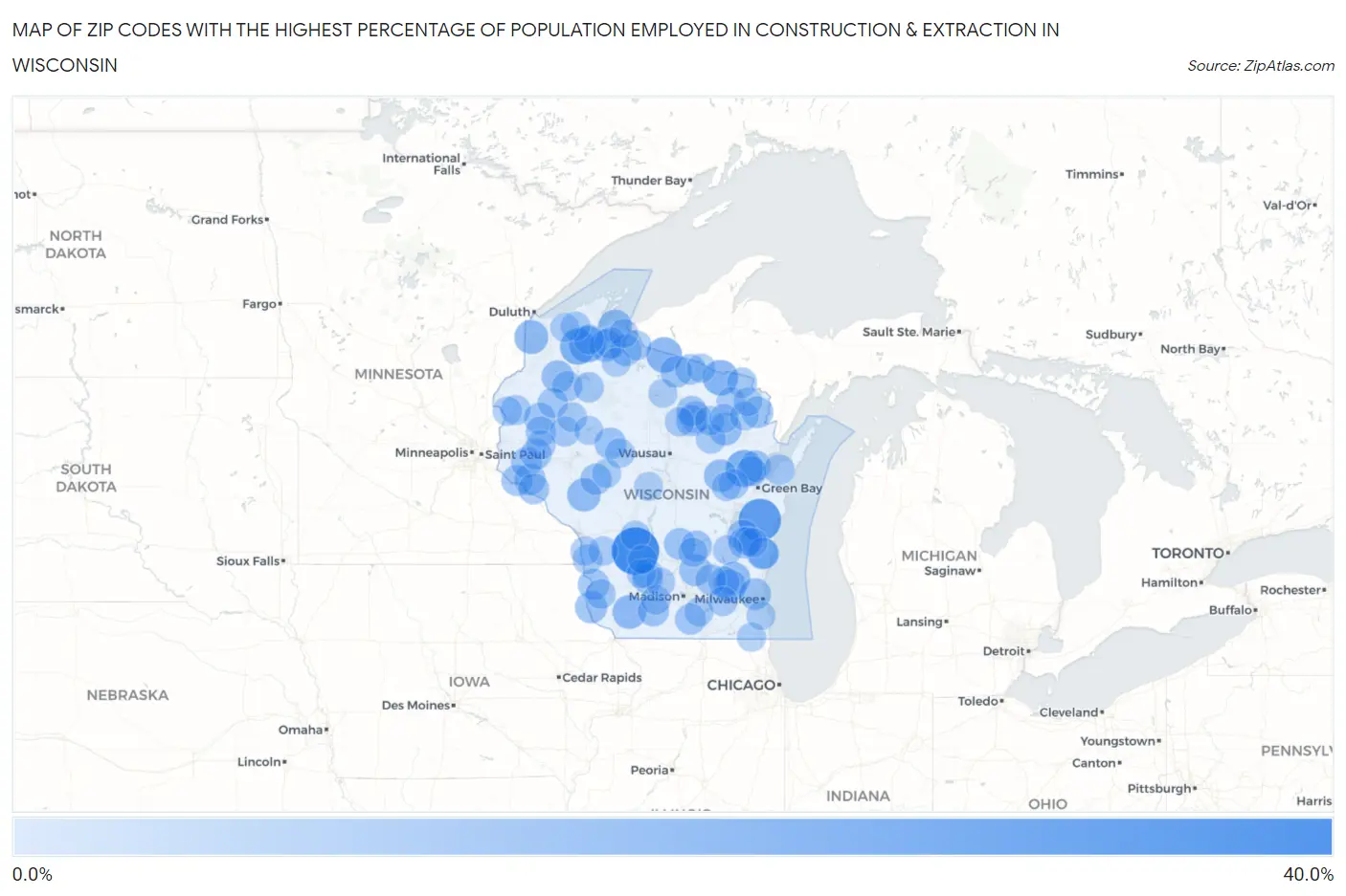 Zip Codes with the Highest Percentage of Population Employed in Construction & Extraction in Wisconsin Map