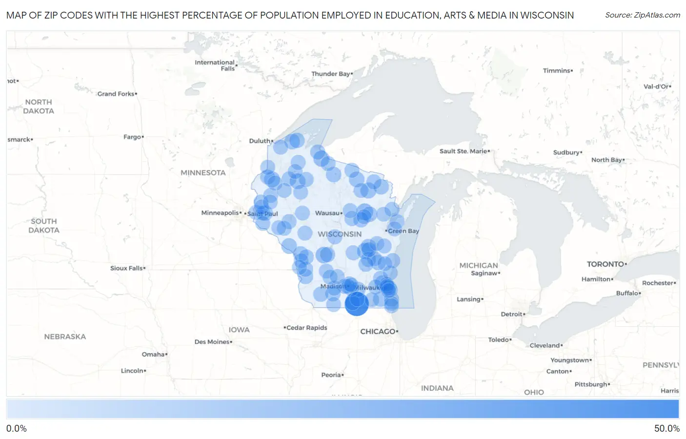 Zip Codes with the Highest Percentage of Population Employed in Education, Arts & Media in Wisconsin Map