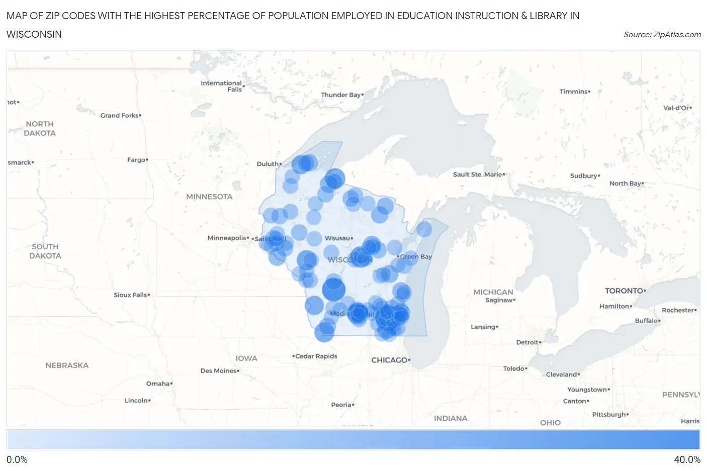 Zip Codes with the Highest Percentage of Population Employed in Education Instruction & Library in Wisconsin Map