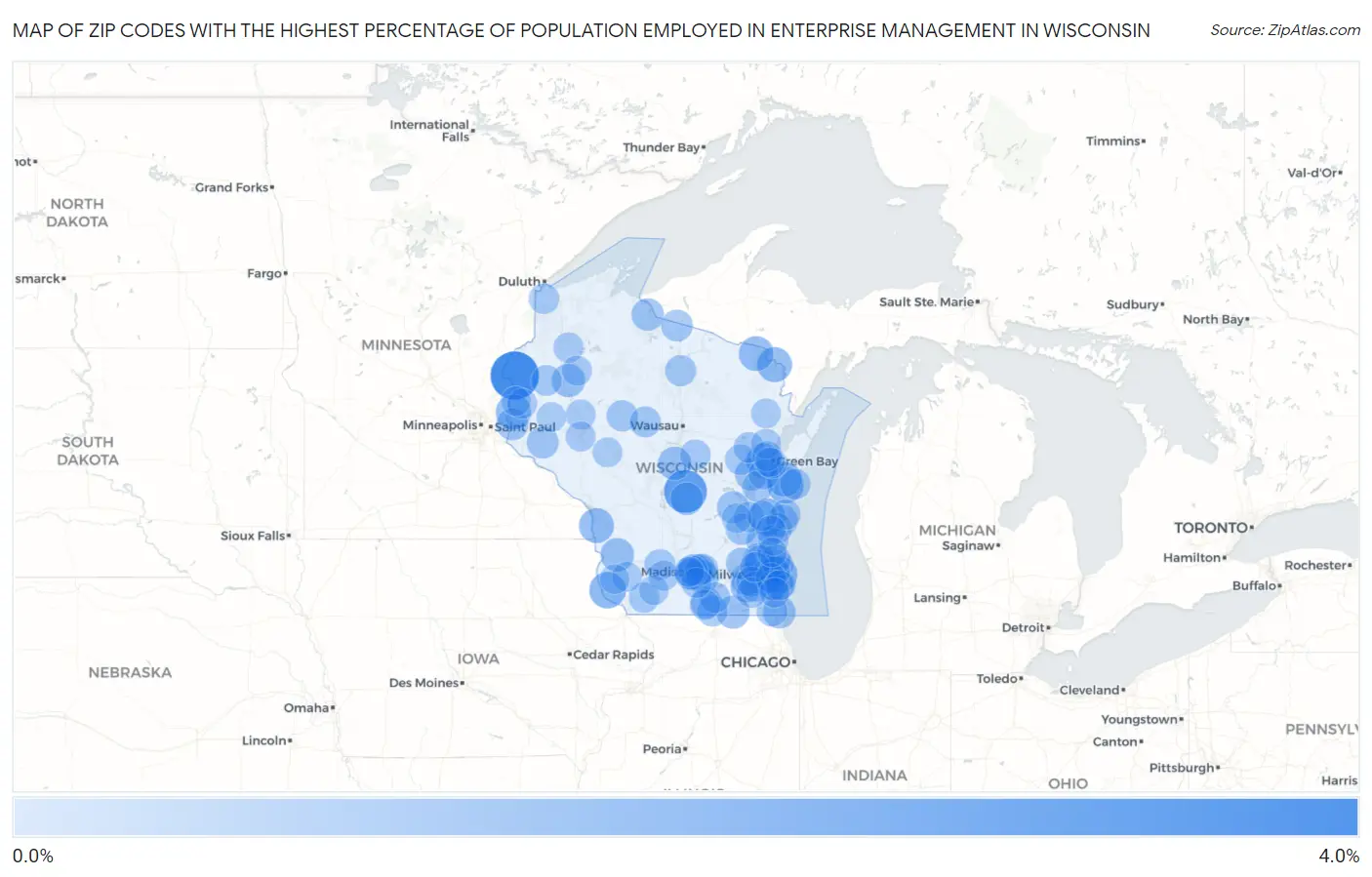 Zip Codes with the Highest Percentage of Population Employed in Enterprise Management in Wisconsin Map