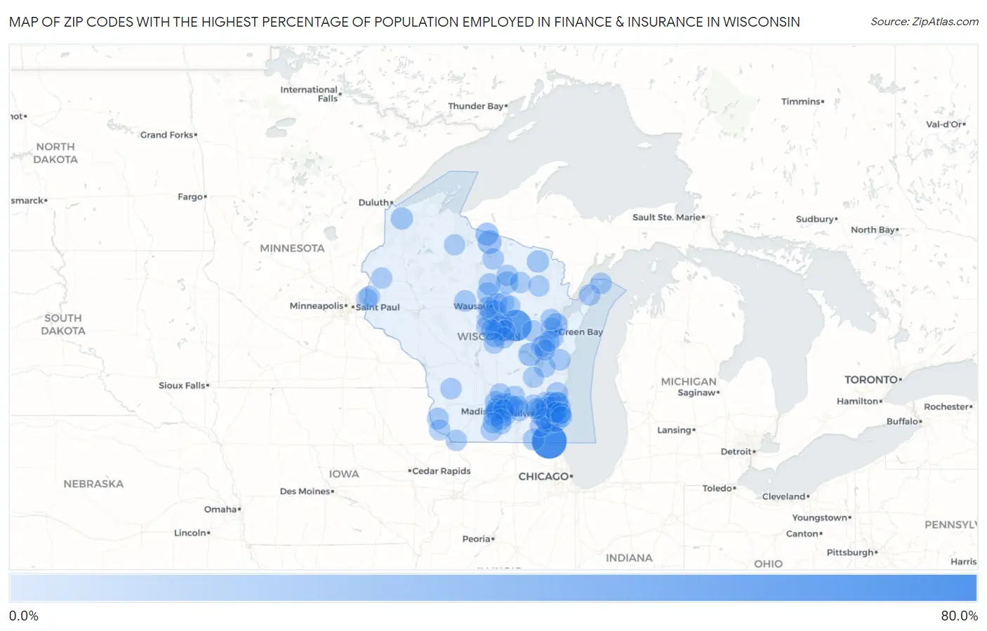 Zip Codes with the Highest Percentage of Population Employed in Finance & Insurance in Wisconsin Map