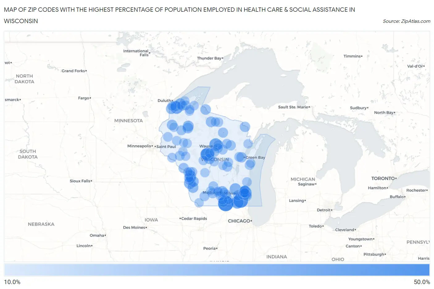 Zip Codes with the Highest Percentage of Population Employed in Health Care & Social Assistance in Wisconsin Map