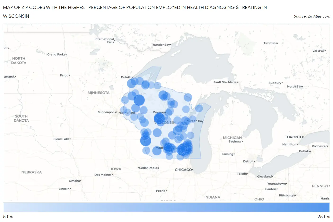 Zip Codes with the Highest Percentage of Population Employed in Health Diagnosing & Treating in Wisconsin Map
