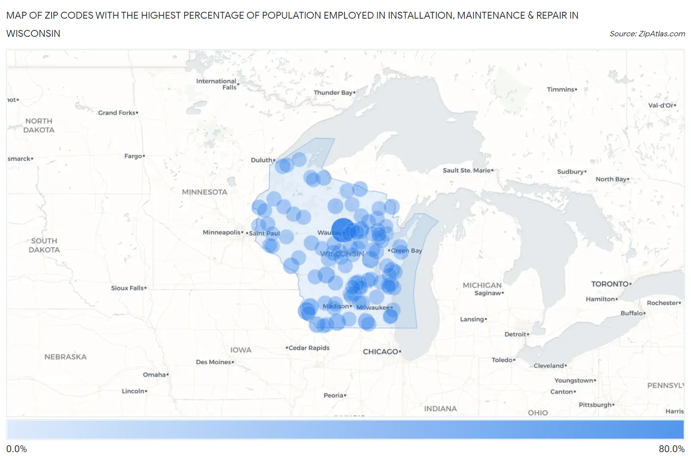 Zip Codes with the Highest Percentage of Population Employed in Installation, Maintenance & Repair in Wisconsin Map