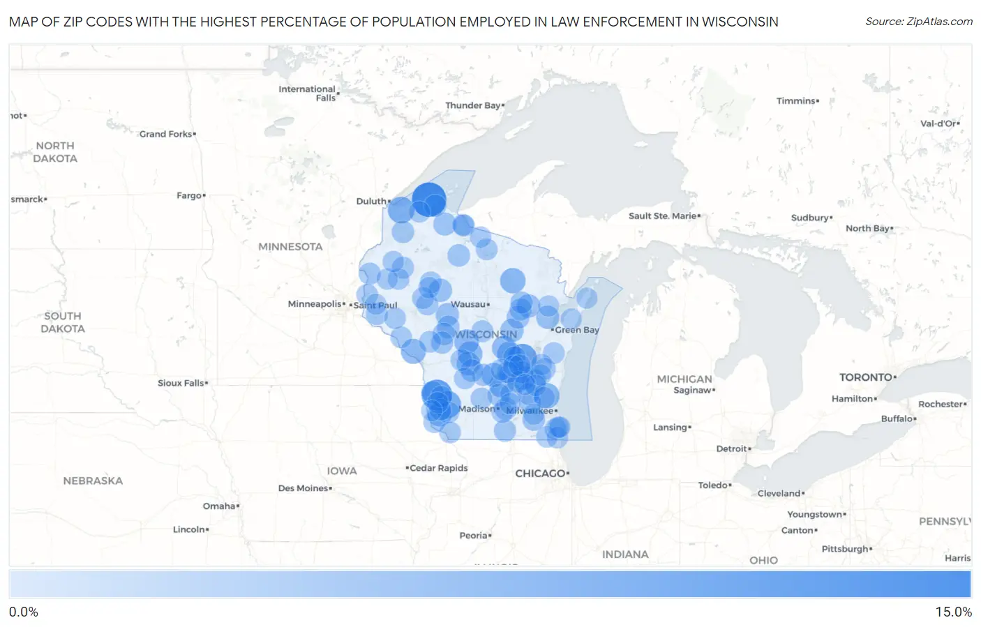 Zip Codes with the Highest Percentage of Population Employed in Law Enforcement in Wisconsin Map