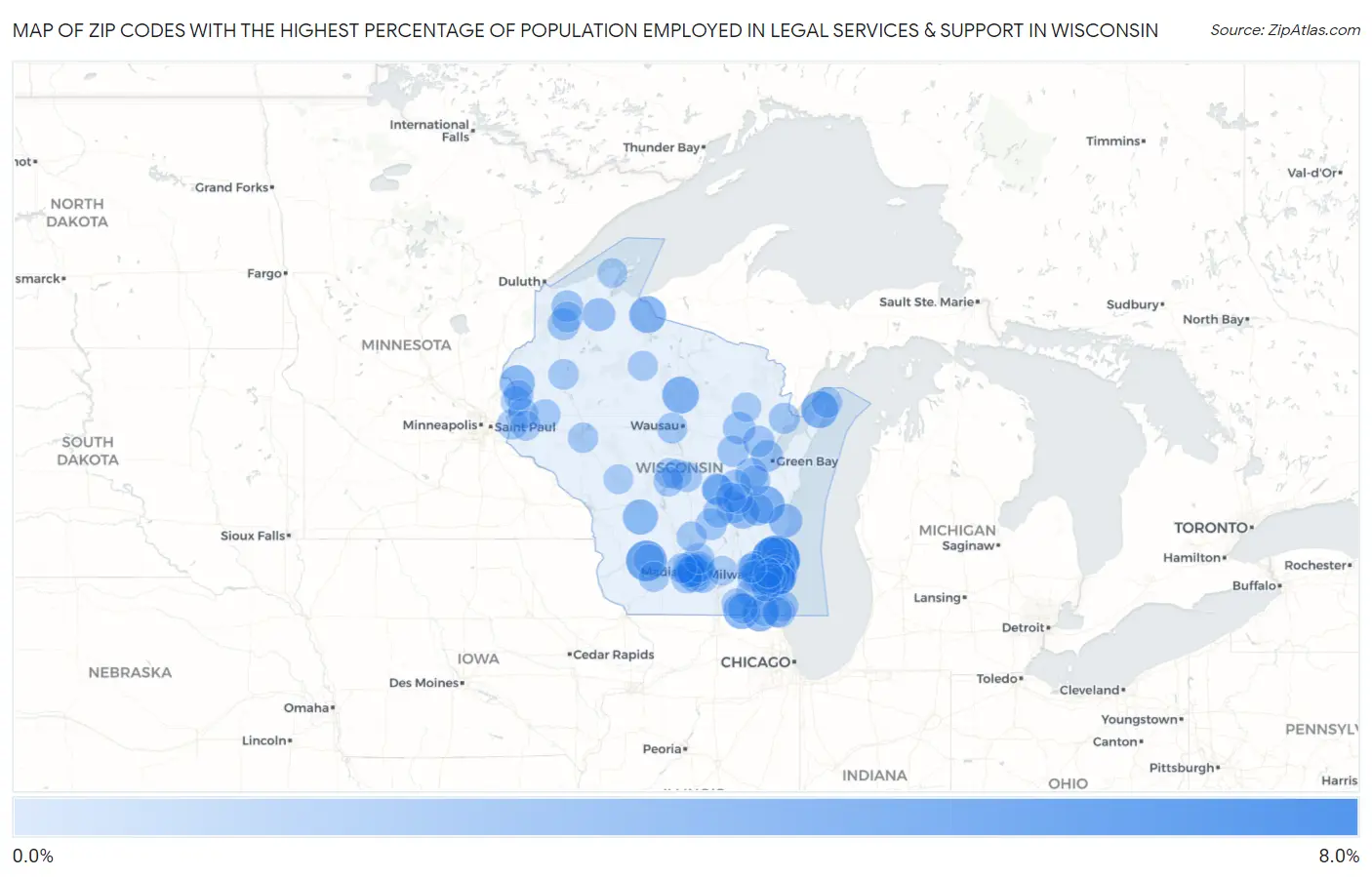 Zip Codes with the Highest Percentage of Population Employed in Legal Services & Support in Wisconsin Map