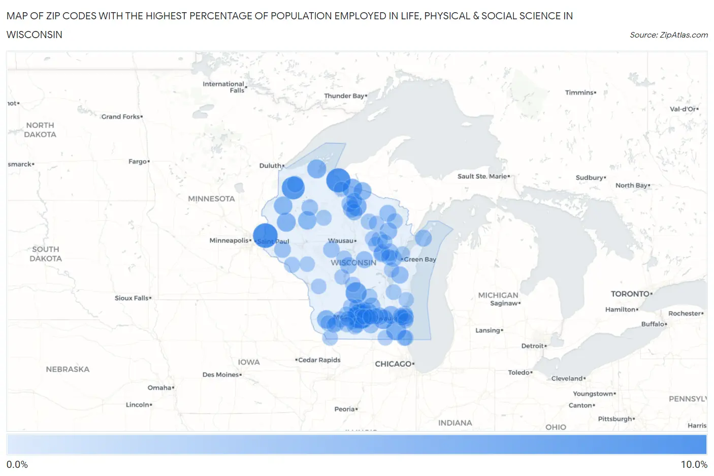 Zip Codes with the Highest Percentage of Population Employed in Life, Physical & Social Science in Wisconsin Map