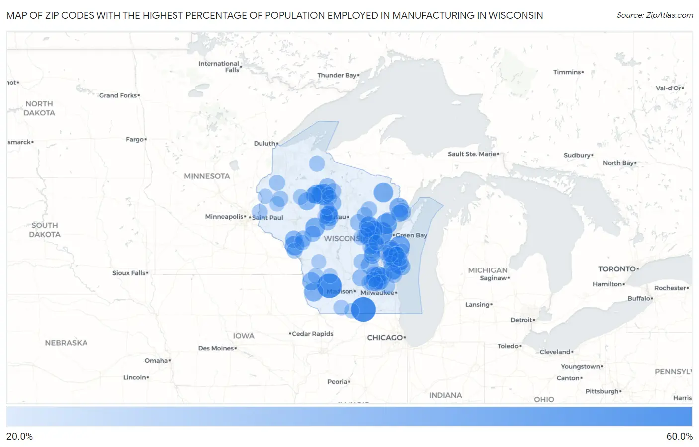 Zip Codes with the Highest Percentage of Population Employed in Manufacturing in Wisconsin Map