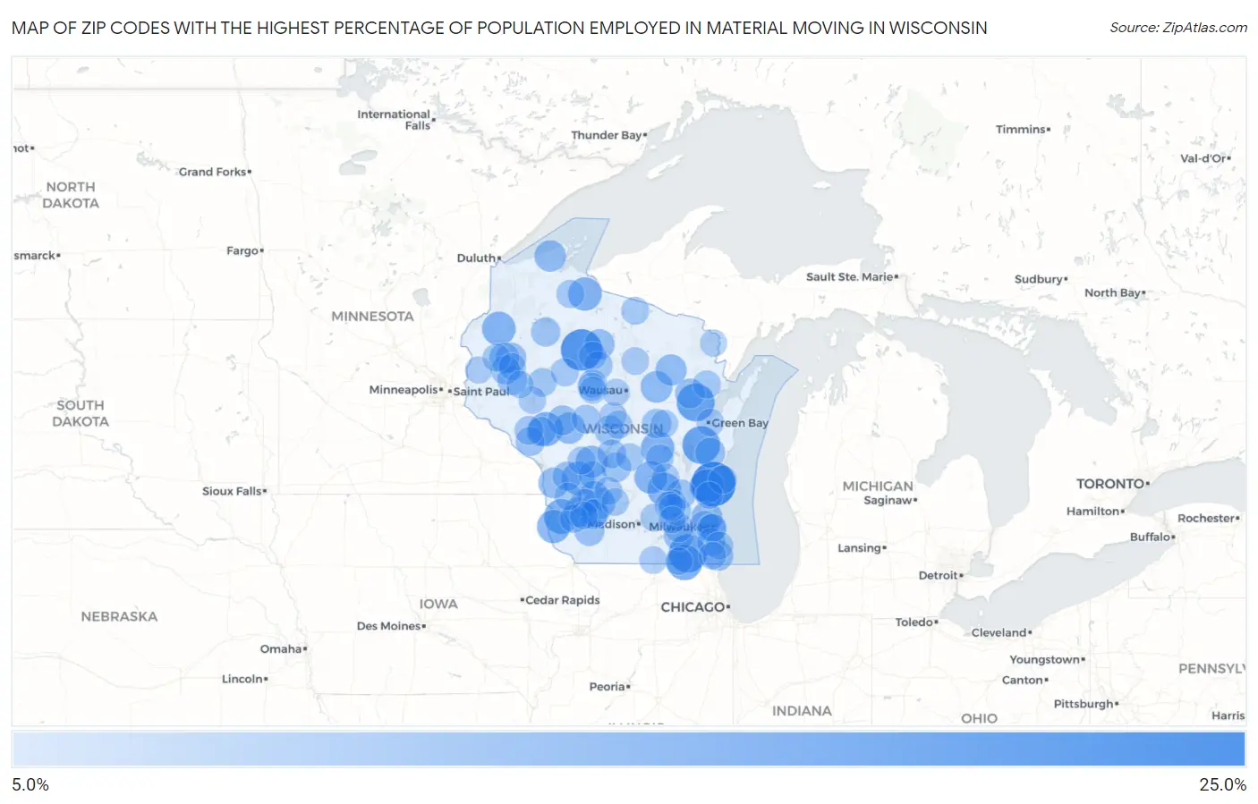 Zip Codes with the Highest Percentage of Population Employed in Material Moving in Wisconsin Map
