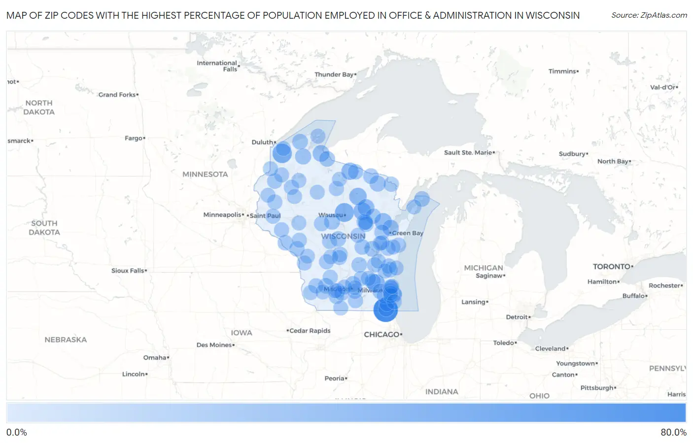 Zip Codes with the Highest Percentage of Population Employed in Office & Administration in Wisconsin Map