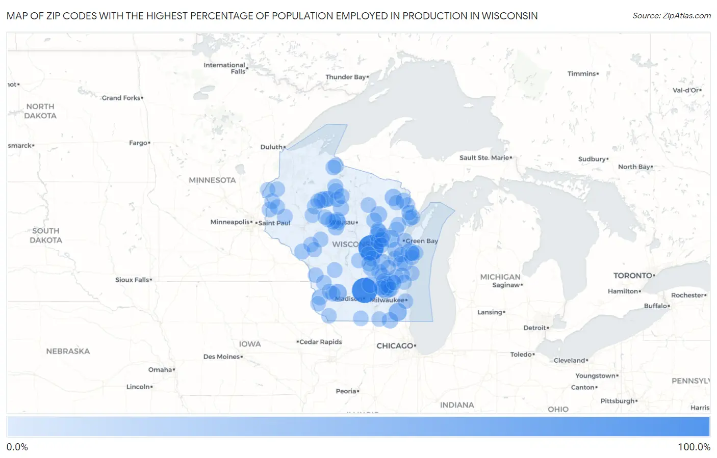 Zip Codes with the Highest Percentage of Population Employed in Production in Wisconsin Map