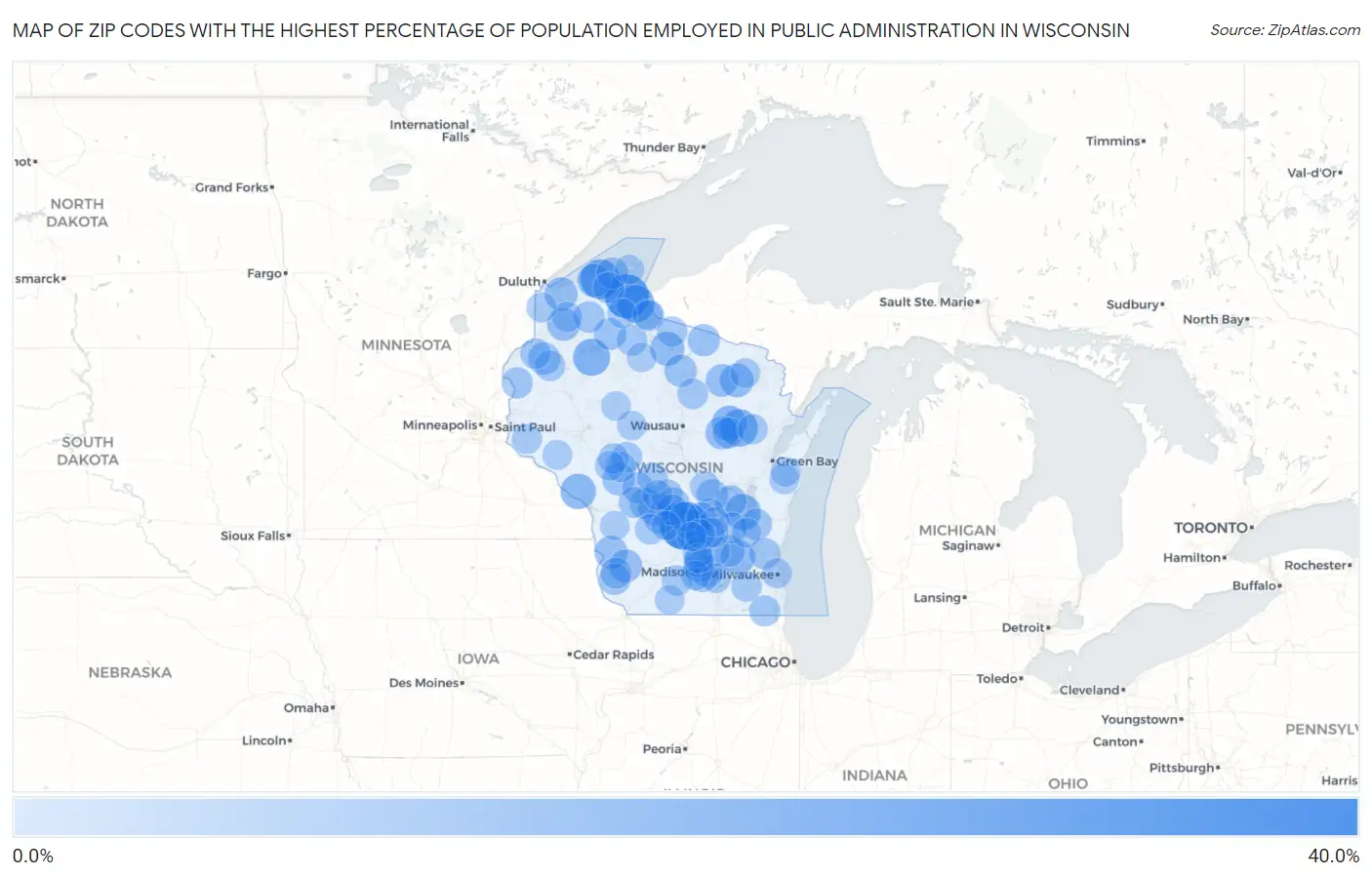 Zip Codes with the Highest Percentage of Population Employed in Public Administration in Wisconsin Map