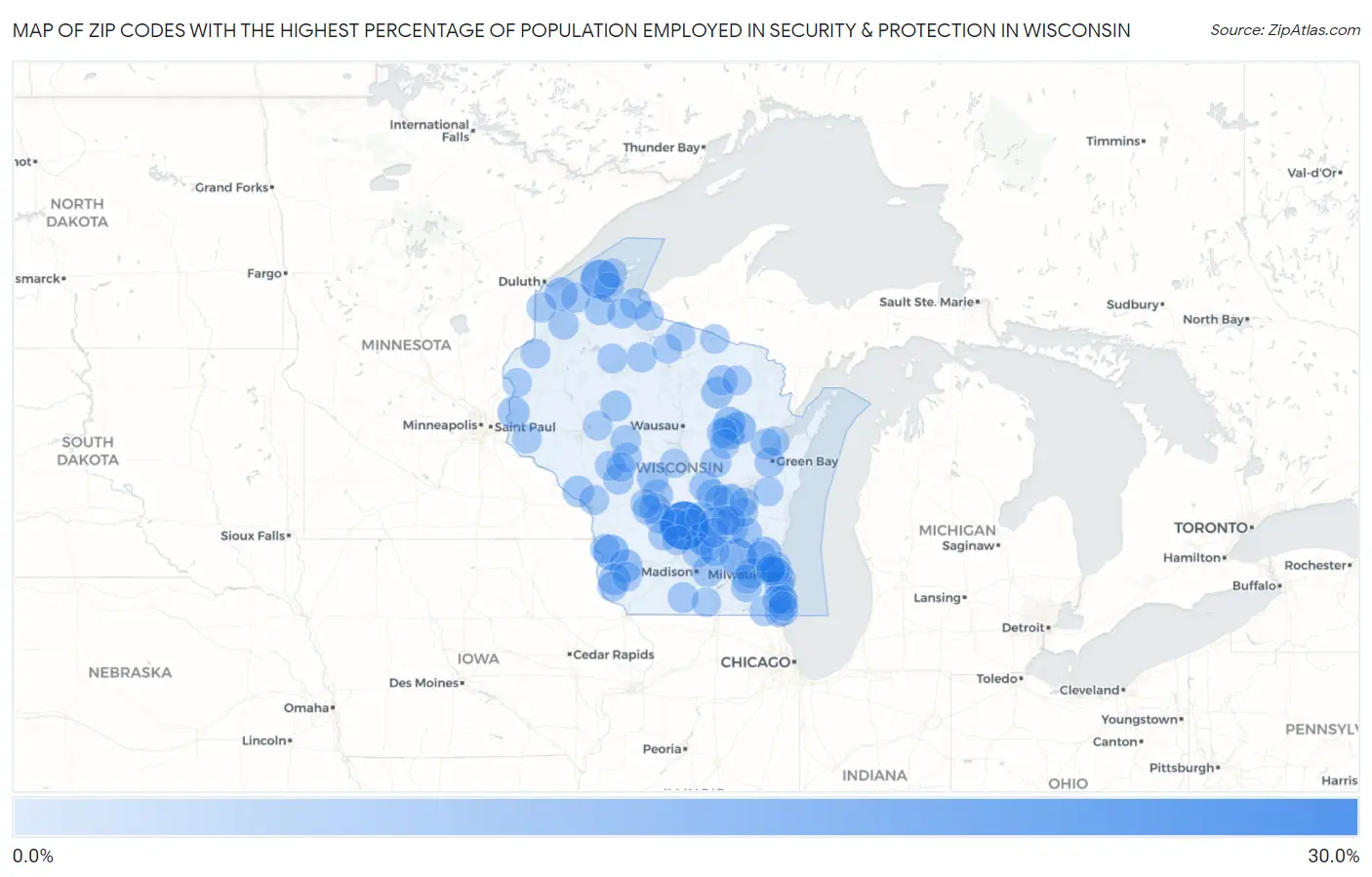 Zip Codes with the Highest Percentage of Population Employed in Security & Protection in Wisconsin Map