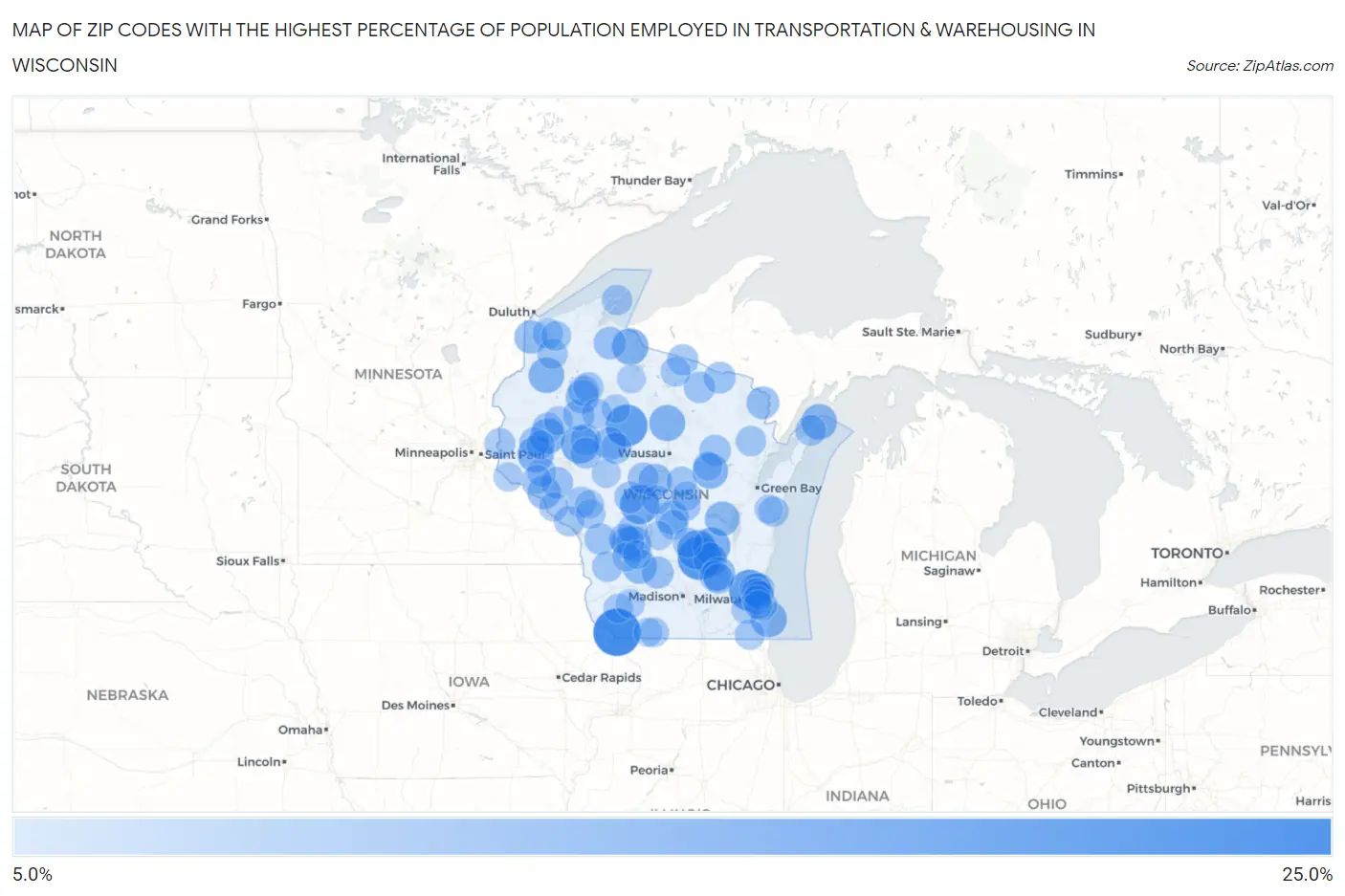 Zip Codes with the Highest Percentage of Population Employed in Transportation & Warehousing in Wisconsin Map