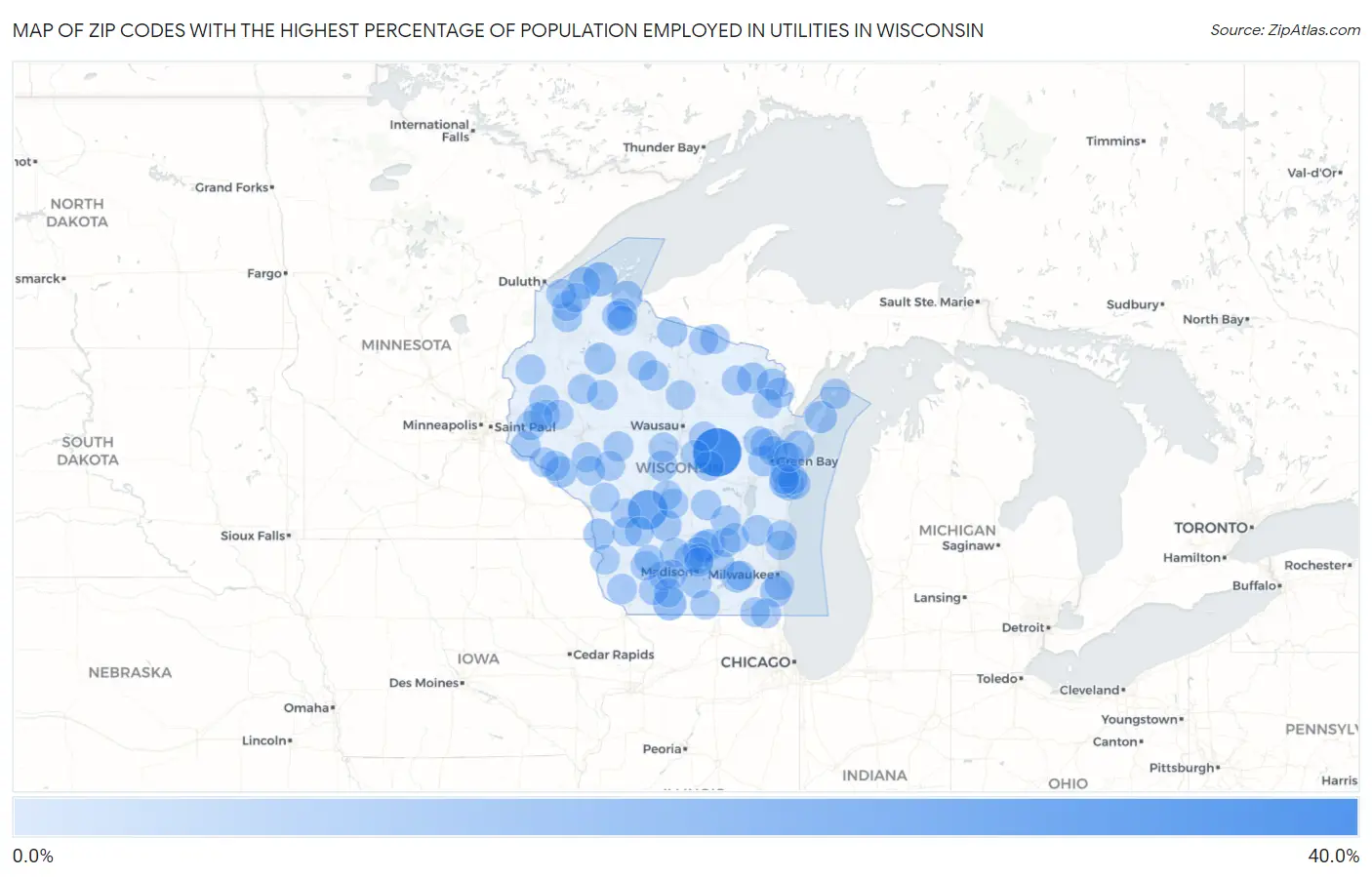 Zip Codes with the Highest Percentage of Population Employed in Utilities in Wisconsin Map