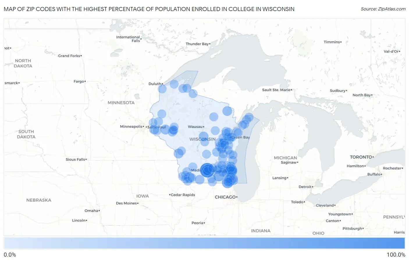 Zip Codes with the Highest Percentage of Population Enrolled in College in Wisconsin Map