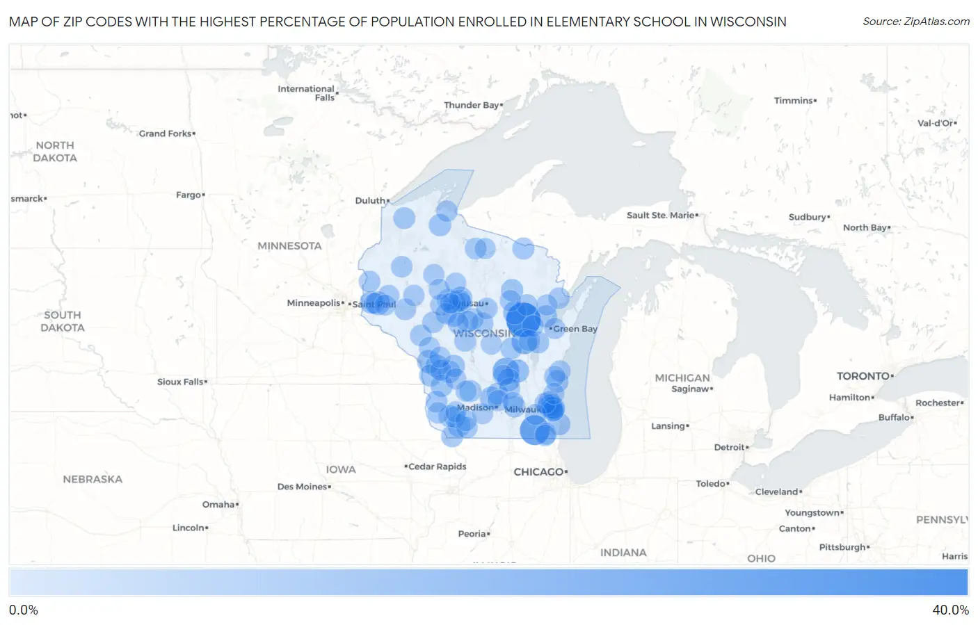 Zip Codes with the Highest Percentage of Population Enrolled in Elementary School in Wisconsin Map