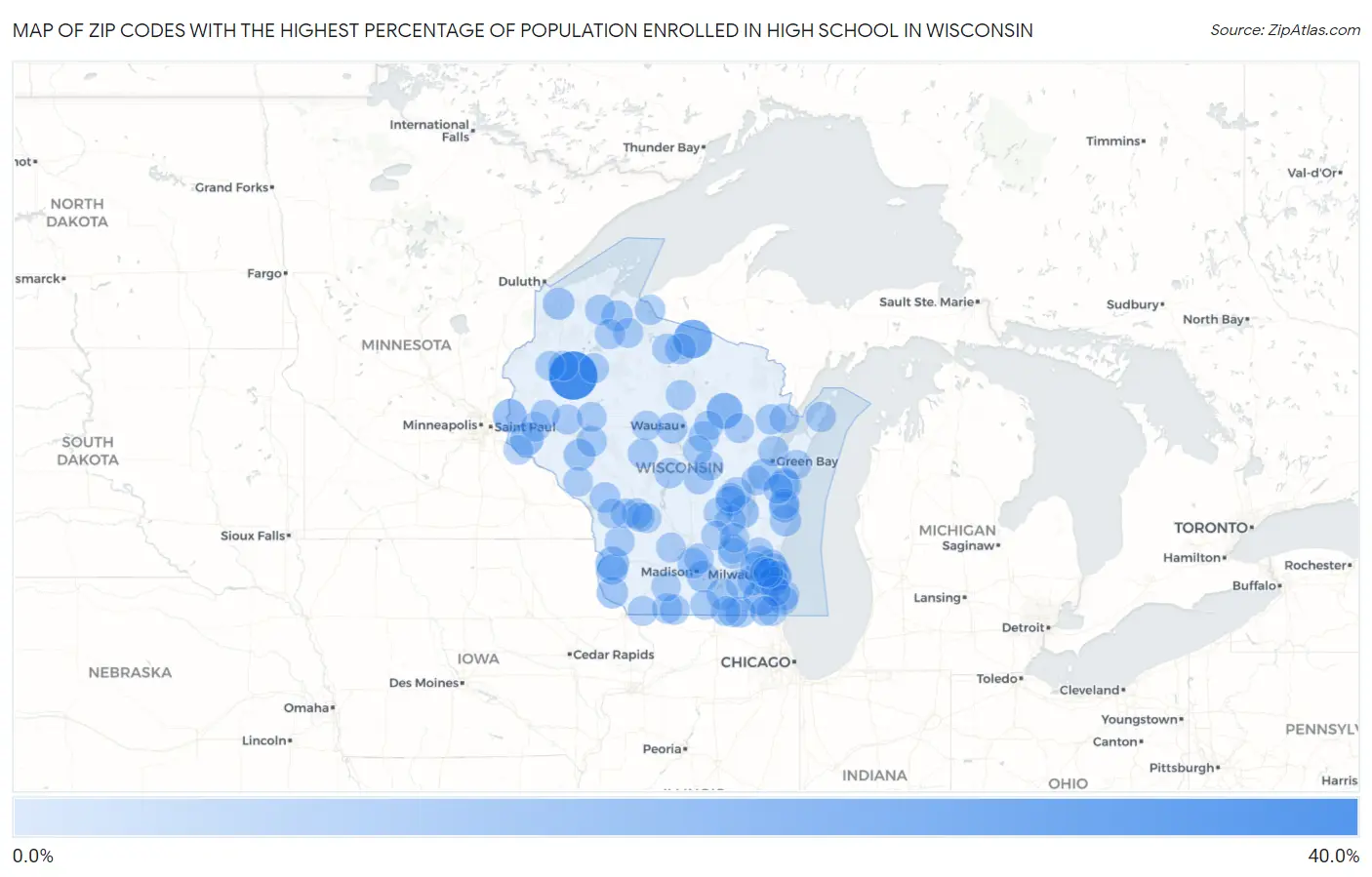 Zip Codes with the Highest Percentage of Population Enrolled in High School in Wisconsin Map