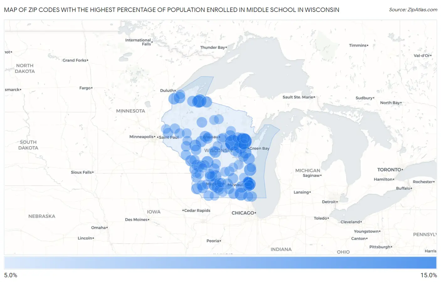 Zip Codes with the Highest Percentage of Population Enrolled in Middle School in Wisconsin Map