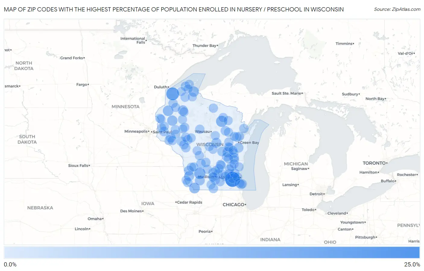 Zip Codes with the Highest Percentage of Population Enrolled in Nursery / Preschool in Wisconsin Map
