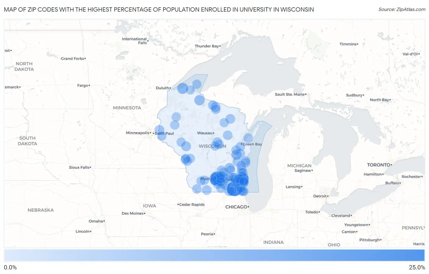 Zip Codes with the Highest Percentage of Population Enrolled in University in Wisconsin Map