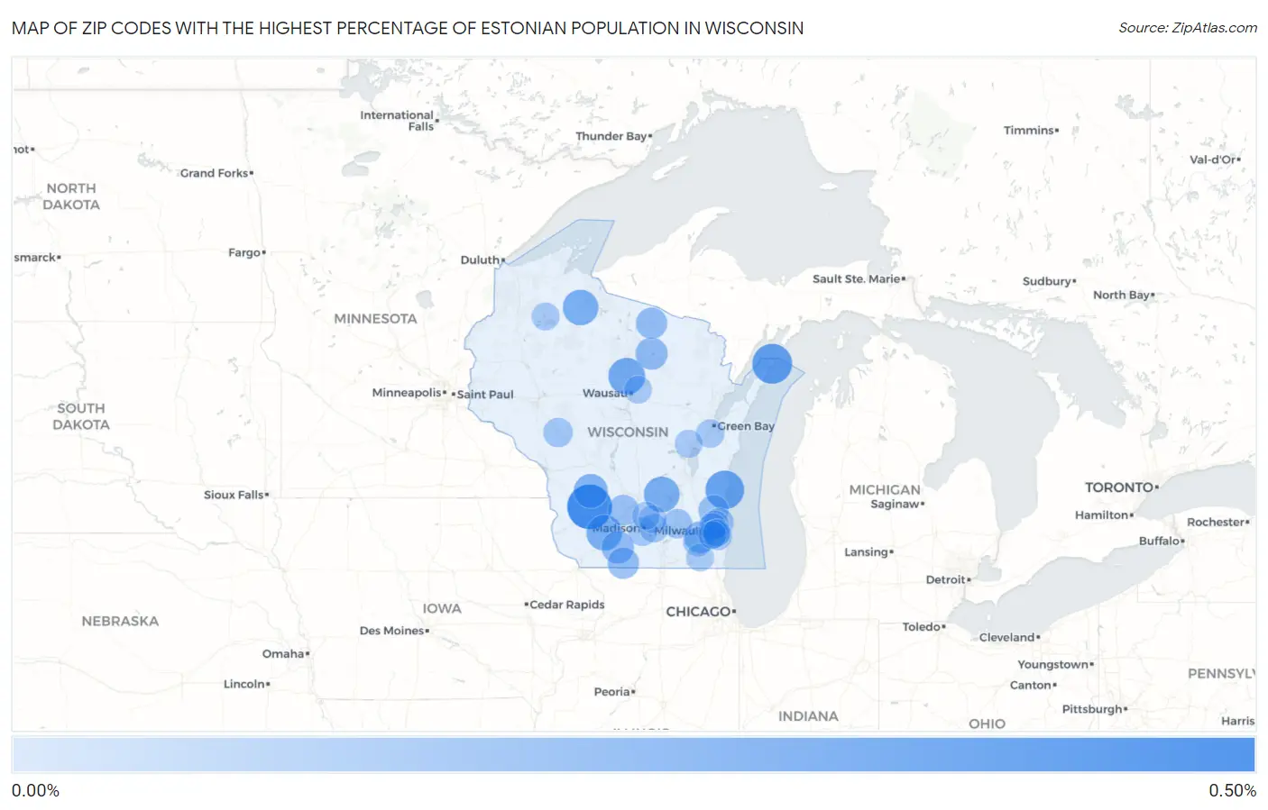 Zip Codes with the Highest Percentage of Estonian Population in Wisconsin Map