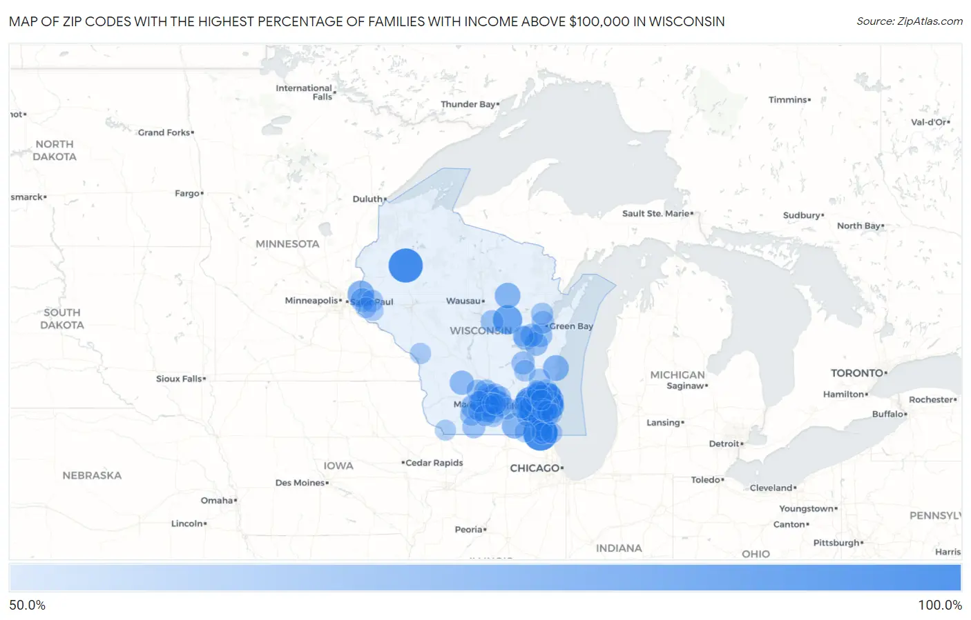 Zip Codes with the Highest Percentage of Families with Income Above $100,000 in Wisconsin Map