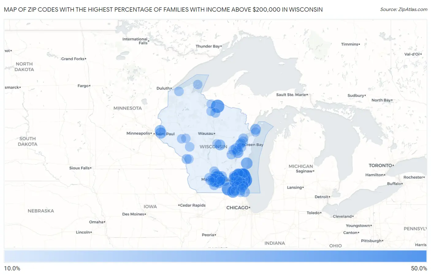 Zip Codes with the Highest Percentage of Families with Income Above $200,000 in Wisconsin Map