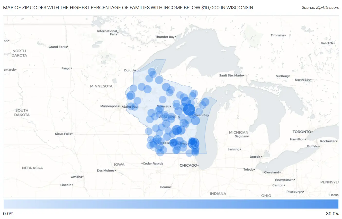Zip Codes with the Highest Percentage of Families with Income Below $10,000 in Wisconsin Map