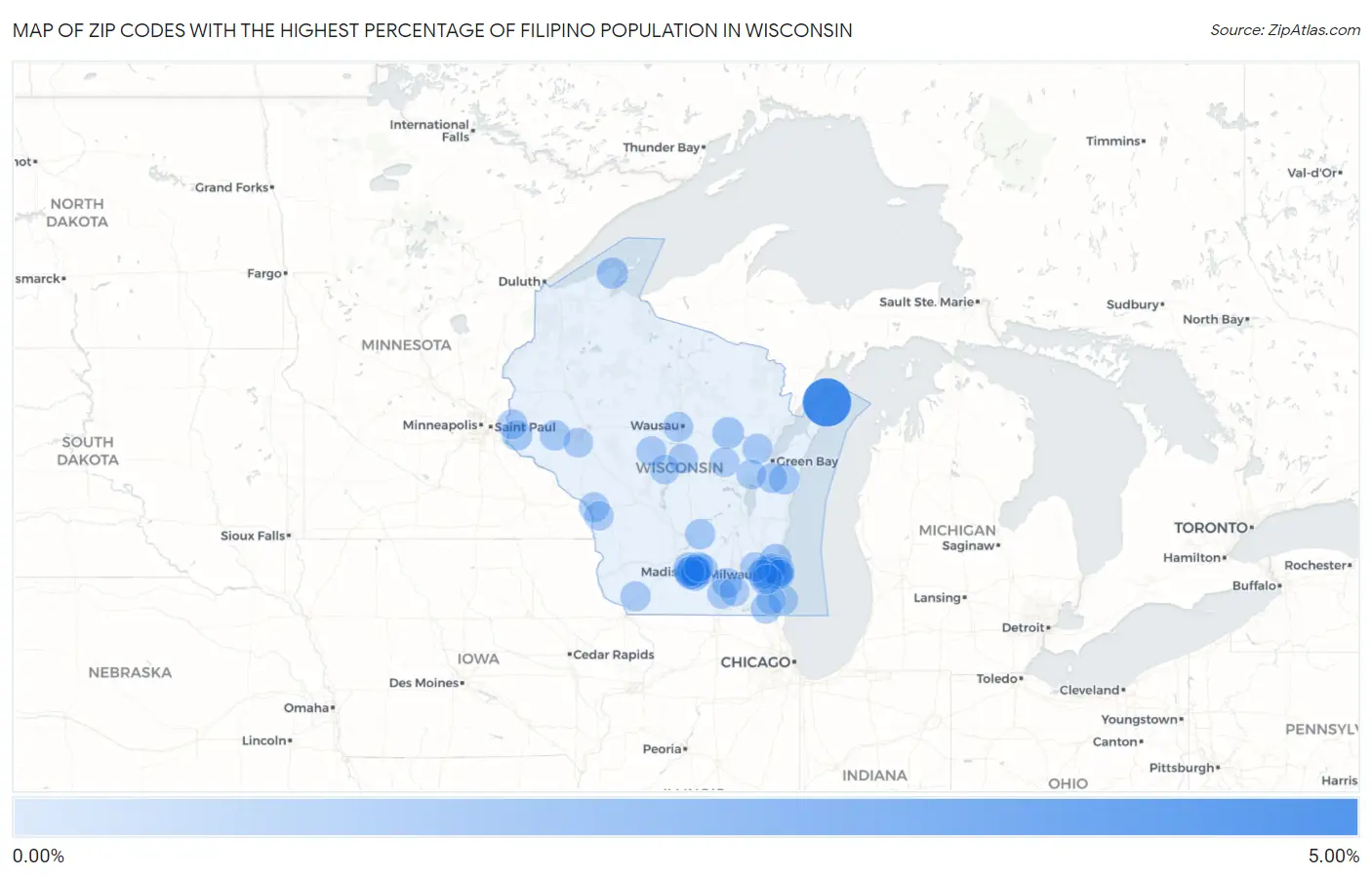 Zip Codes with the Highest Percentage of Filipino Population in Wisconsin Map