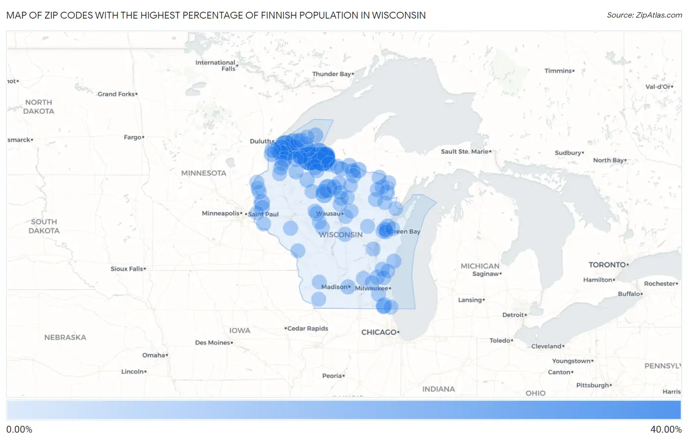 Zip Codes with the Highest Percentage of Finnish Population in Wisconsin Map
