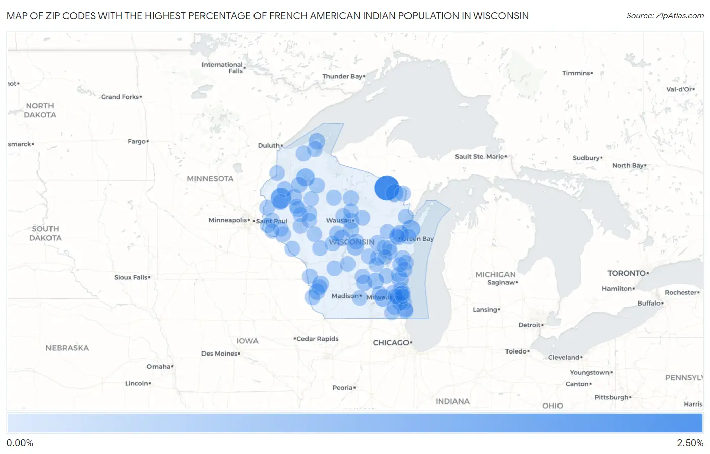 Zip Codes with the Highest Percentage of French American Indian Population in Wisconsin Map
