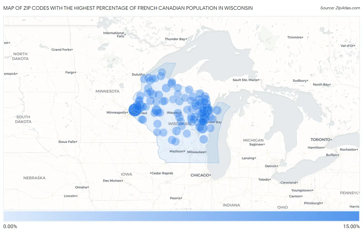Zip Codes with the Highest Percentage of French Canadian Population in Wisconsin Map