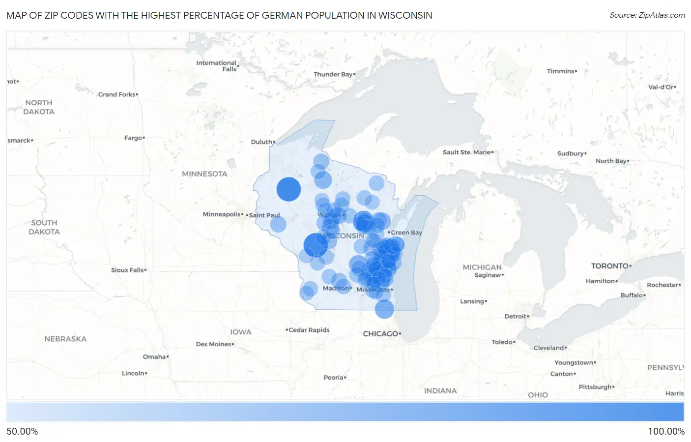 Zip Codes with the Highest Percentage of German Population in Wisconsin Map